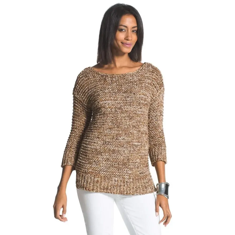 Chico's Sweater 2 L Textured Sherri Pullover‎ Marled Knit 3/4 Sleeve Neutral
